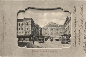 1902 Temesvár, Timisoara; Szent György tér, villamosok, Várneky A. üzlete / square, trams, shop