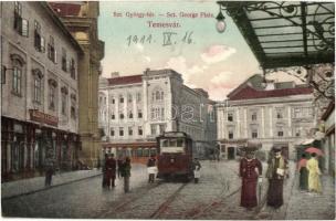 1911 Temesvár, Timisoara; Szent György tér, villamos, Farber Miksa, Varneky A. és Maison Lechner üzlete. Moravetz Testvérek kiadása / square, tram, shops