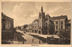 Munkács, Mukacheve, Mukacevo; Városháza, kerékpár, automobil / town hall, bicycle, automobile (EK)