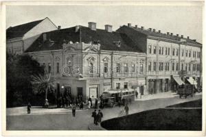 Munkács, Mukacheve, Mukacevo; Hotel Cilag a Rákoczyho ulice / Rákóczi utca, Csillag szálloda, Kasztner, Sutay üzlete, autóbusz, kerékpár / street view, hotel, shops, autobus, bicycle