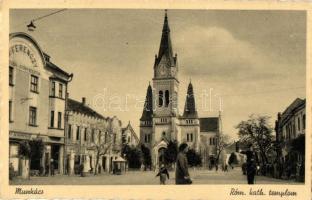 Munkács, Mukacheve, Mukacevo; Római katolikus templom, Ferenczy gyógyszertár, patika, F. Schönfeld üzlete / Catholic church, pharmacy, shops