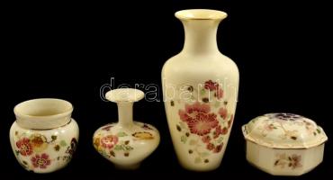 Zsolnay kis vázák, dobozka, kaspó, kézzel festett, jelzett, hibátlan, m:6,5-16,5 cm