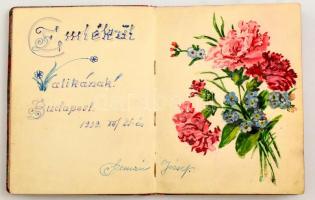 1939-1940 Régi emlékkönyv, szöveges bejegyzésekkel, színes, szép rajzokkal