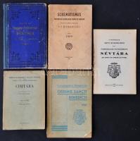 1907-1948 5 db egyházi cím és névtár:  A magyar Kegyes-tanítórend névtára az 1907/1908. tanévre, Pannonhalmi Szent Benedek-rend és a Pannonhalmi egyházmegye névtára az 1928/1929. iskolai évre, Schematismus Provinciae Hungariae Sanctae Mariae Ordinis Fratrum Minorum S. P. N. Francisci. Anno 1930, Congregatio Hungarica Ordinis Sancti Benedicti 1938, Római katolikus világ papság és a férfi-női szerzetesrendek címtára. 1947-1948. évre. Változó állapotban, az egyik borítója hiányzik, a többinél kopott, foltos, vagy kissé sérült.