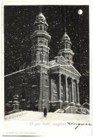 Ungvár, Uzshorod, Uzhorod; Görögkatolikus templom télen este. Feuerlicht Testvérek kiadása / Greek Catholic church at night in winter (vágott / cut)