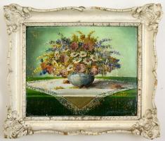 Molnár jelzéssel: Virágcsendélet. Olaj, falemez, kopott, sérült keretben, 20×25 cm