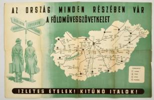 1956 "Az ország minden részében vár a Földművesszövetkezet" - propaganda plakát, hátoldalon Magyarország autóbuszhálózatával, hajtott, szakadással, 41×64 cm