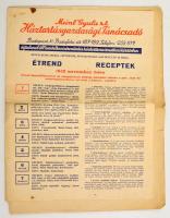 1934-1938 A Meinl Gyula R.T. Háztartásgazdasági Tanácsadójának 4 db étrendje receptekkel, hajtott, szakadással