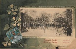 Eszék, Esseg, Osijek; Gradski vrt / Stadtgarten / Városi park. Címeres szecessziós litho keret, kiadja Viktor Fritsche / city park. Art Nouveau, litho frame with coat of arms (EK)