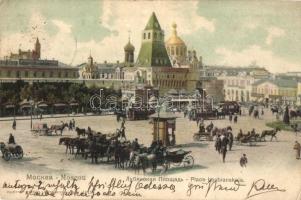 Moscow, Moscou; Place Loubianskaia / Lubyanskaya (Lubyanka) square, horse-drawn tram, market vendors, carriages, shops. Knackstedt & Näther (Rb)