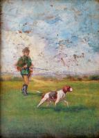 Perlmutter Imre (1870-1935): Vadász kutyával, Olaj, fa, festék hibákkal, 12x9 cm Üvegezett keretben