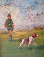 Perlmutter Imre (1870-1935): Vadász kutyával, Olaj, fa, festék hibákkal,  12x9 cm Üvegezett keretben