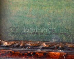 Perlmutter Imre (1870-1935): Vadász kutyával, Olaj, fa, festék hibákkal,  12x9 cm Üvegezett keretben