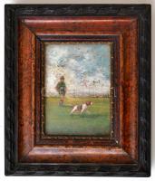 Perlmutter Imre (1870-1935): Vadász kutyával, Olaj, fa, festék hibákkal,  12x9 cm Üvegezett keretben
