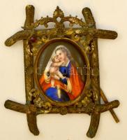 Madonna porcelán, kép kézzel festett. Réz asztali keretben. 9 cm