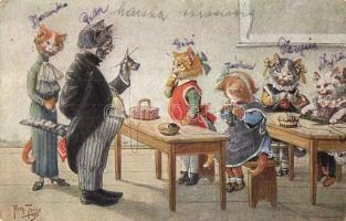 Direktor in der Strickstunde / Cat knitting school. T.S.N. Serie 1423. s: Arthur Thiele (Rb)