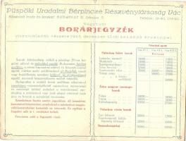 Püspöki Uradalmi Bérpince Rt. Vác. Központi Iroda Budapest, Zrínyi utca 7. Kinyitható képeslap belül...
