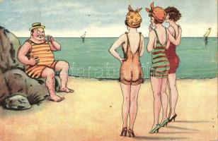1927 Beach humour. Ladies with man in swimming dresses. WSSB No. 924. (EB)