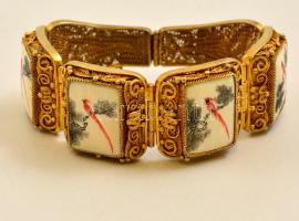 Festett csont + réz kínai karkötő díszdobozban / Painted bone and copper Chinese bracelet 20 cm
