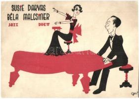 Malcsiner Béla és Darvas Susie jazz duettjét népszerűsítő művészlap / Susie Darvas & Béla Malcsiner jazz duets art advertisement card. s: Gerő (r)