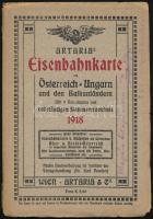 1918 Osztrák-Magyar Monarchia és a Balkán vasúti térképe. Az állomásnevek jegyzékével. Artaria Eisenbahnkarte. Wien, Artaria, 3 t.+52 p.+1t., német nyelven, eredeti kissé szakadt papírborítóban, hajtásoknál kisebb szakadásokkal, egyébként jó állapotban, 86x116 cm. / 1918 Railway ap of Austria Hungary and Balkan. With Stations directory. Wien, Wien, Artaria, 3 t.+52 p.+1t., in German language, in original papercover, with small tears on the cover, with small tears on the map, the other things are okay, in good condition, 86x116 cm.