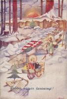 Boldog magyar karácsonyt! / Hungarian Christmas irredenta greeting art postcard s: Bozó (EK)