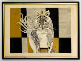 Szász Endre (1926-2003): Nő rókafejes fejdísszel. Szitanyomat, papír, jelzett, apró folttal, üvegezett keretben, 42×59 cm