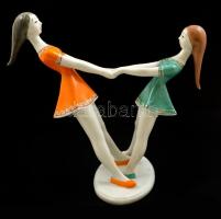 Hollóházi játszó lányok, kézzel festett, jelzett, hibátlan, m:18 cm, h:20 cm /Handpainted Hollóháza chinaware figure