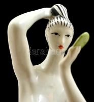 Zsolnay tükrös fésülködő akt, kézzel festett, jelzett, hibátlan, m:22 cm