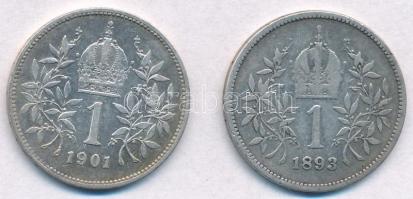 Ausztria 1893. 1K Ag "Ferenc József" + 1901. 1K Ag "Ferenc József" T:2,2-
Austr...