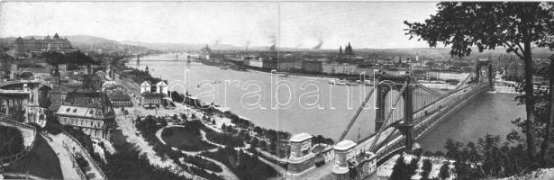 Budapest I. Szent Gellért szobor, Gellért-hegy, Lánchíd, Döbrentei tér, Purgo üzlet, Tabáni sörcsarnok. kihajtható panorámalap