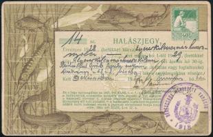 1928 Halászjegy Békéscsabáról 40f benyomott illetékbélyeggel, pecséttel / Fishing ticket