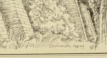 Sólyom jelzéssel: Házak a várfalnál. Tus, papír, üvegezett keretben, 23×17 cm