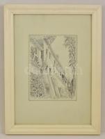 Sólyom jelzéssel: Házak a várfalnál. Tus, papír, üvegezett keretben, 23×17 cm