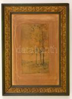 Jelzés nélkül: Fák a domboldalon. Akvarell, papír, foltos, keretben, 18,5×11 cm