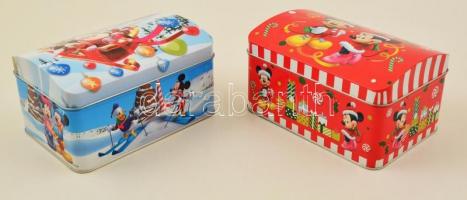 Mickey egeres karácsonyi fém dobozok, kék és piros színekben, jó állapotban, 16×11×8 cm