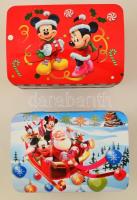 Mickey egeres karácsonyi fém dobozok, kék és piros színekben, jó állapotban, 16×11×8 cm