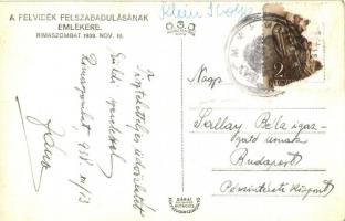 1938 Rimaszombat, Rimavska Sobota; bevonulás. Magyar zászló "Hittünk egy hazában" feliratt...