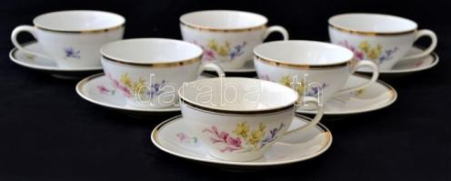 Hollóházi virág mintás teás csésze és alj (6 db), matricás, jelzett, kopott, egyiken hajszálrepedés