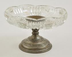 Réz talpas kínáló, csiszolt ólomkristály, hibátlan, m: 9,5 cm, d:16,5 cm