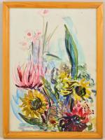 Gombosné B. Éva (1957- ): Virágcsendélet, akvarell, papír, jelzett, üvegezett fa keretben, 48×38 cm