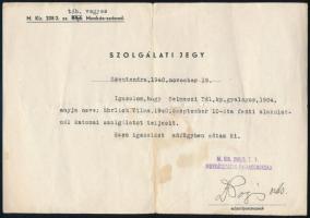1940 M. Kir. 208/3. sz. táb. vegyes munkásszázad által kiállított szolgálati jegy