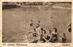 Balatonkenese, OTI üdülőtelep, csónakázás. Hátoldalo felirat: A betegség ellen a legjobb védekezés az egészséges életmód!