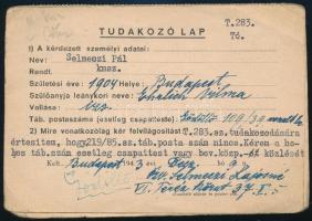 1943 Bp., Vöröskeresztes tudakoz lap eltűnt munkaszolgálatos ügyében