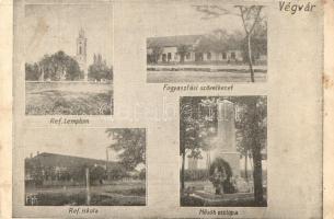 Végvár, Tormac; református templom és iskola, Hősök oszlopa, Fogyasztási szövetkezet / Calvinist church and school, heroes military monument, cooperative shop (vágott / cut)