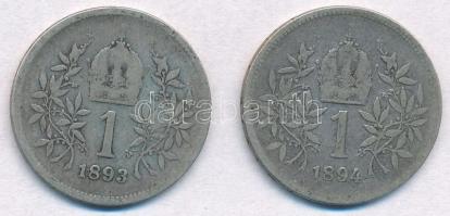 Ausztria 1893-1894. 1K Ag "Ferenc József" (2xklf) T:2-,3 Austria 1893-1894. 1 Corona Ag &q...