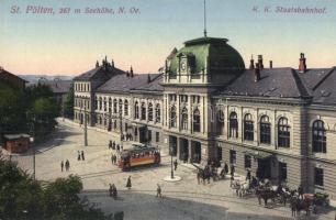 Sankt Pölten, K.k. Staatsbahnhof / railway station with tram