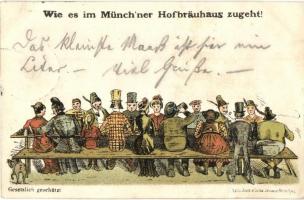 1898 Wie es im Münchner Hofbräuhaus zugeht! / Munich brewery art postcard. Lith. Anst. v. Ludw. Zrenner. litho