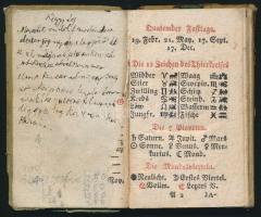 cca 1800 Német nyelvű címlap nélküli zsebnaptár 66p. sok kézzel írt magyar nyelvű bejegyzéssel 66p.6...