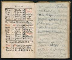 cca 1800 Német nyelvű címlap nélküli zsebnaptár 66p. sok kézzel írt magyar nyelvű bejegyzéssel 66p.6...